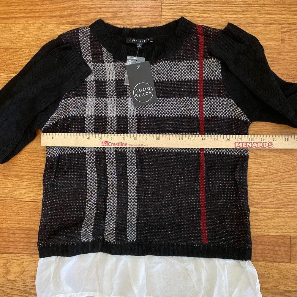 Como Black Sweater Women’s Medium Black White Red Striped Front Faux Layered NWT - Picture 7 of 8